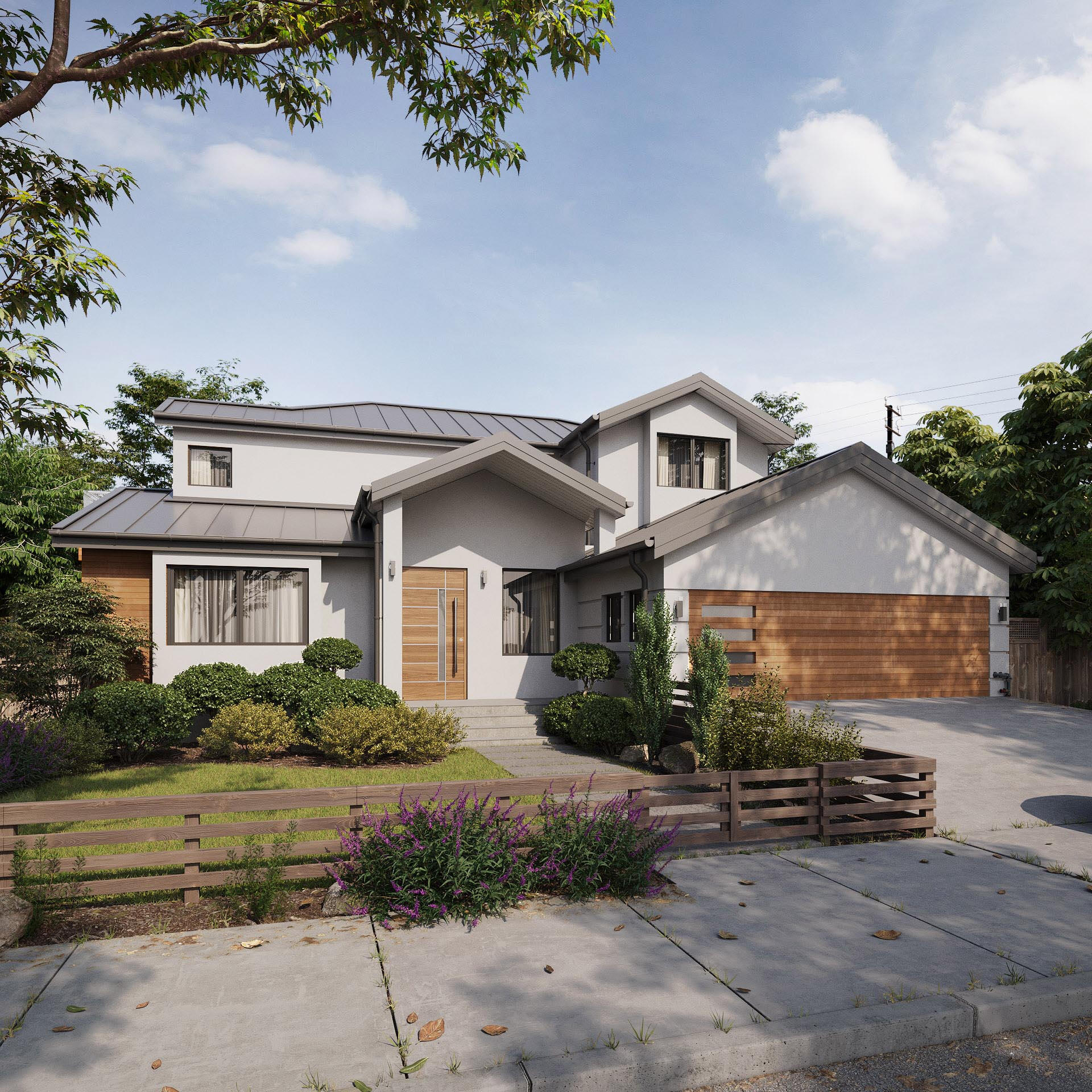 Класичний заміський будинок з подвійним гаражем і ландшафтним дизайном перед будинком. Високоякісний рендеринг.