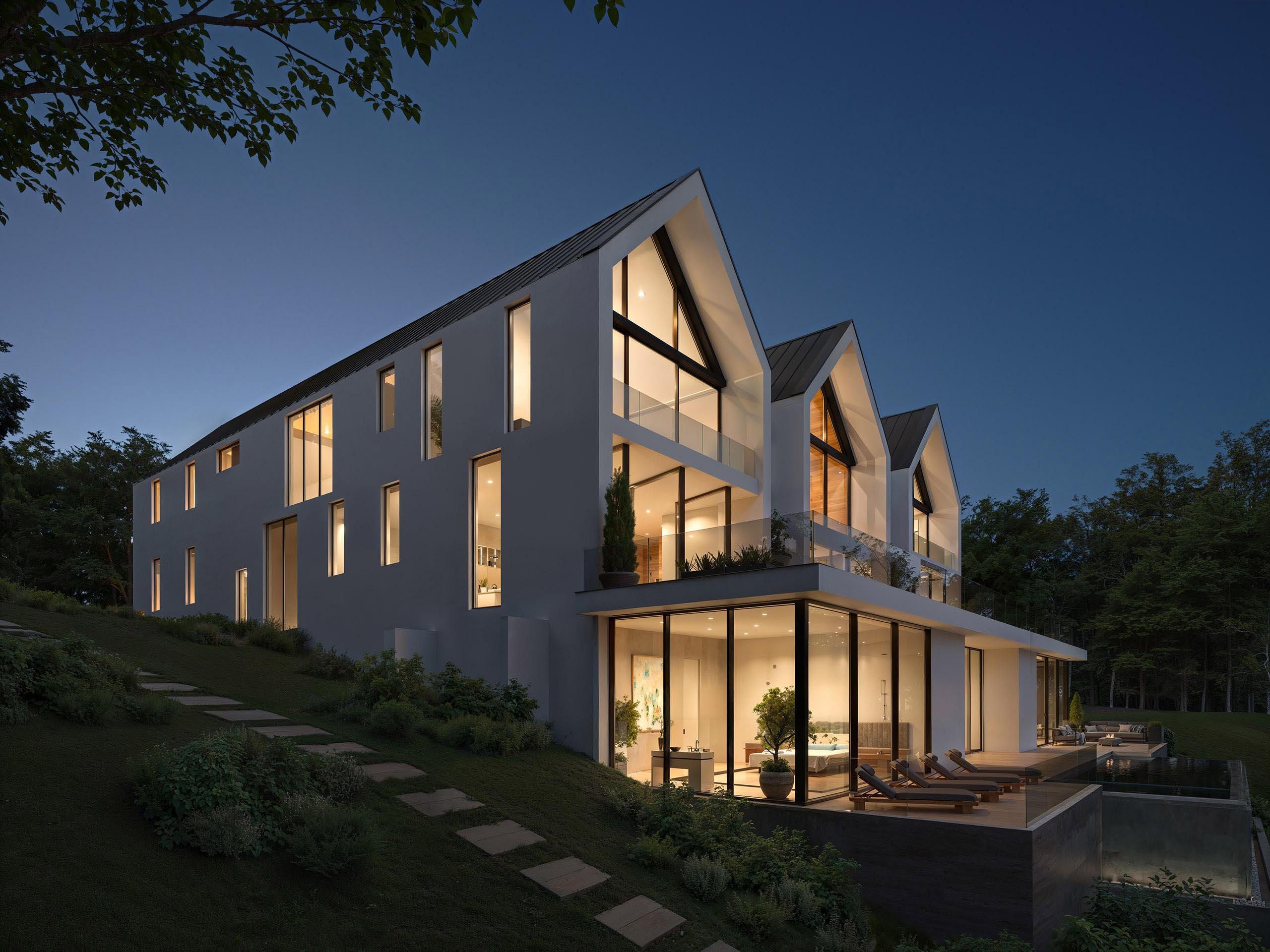 minimalist-angled-house-night-view-cgi Нічний вид на мінімалістичний будинок з теплим освітленням і Фотореалістичний рендер