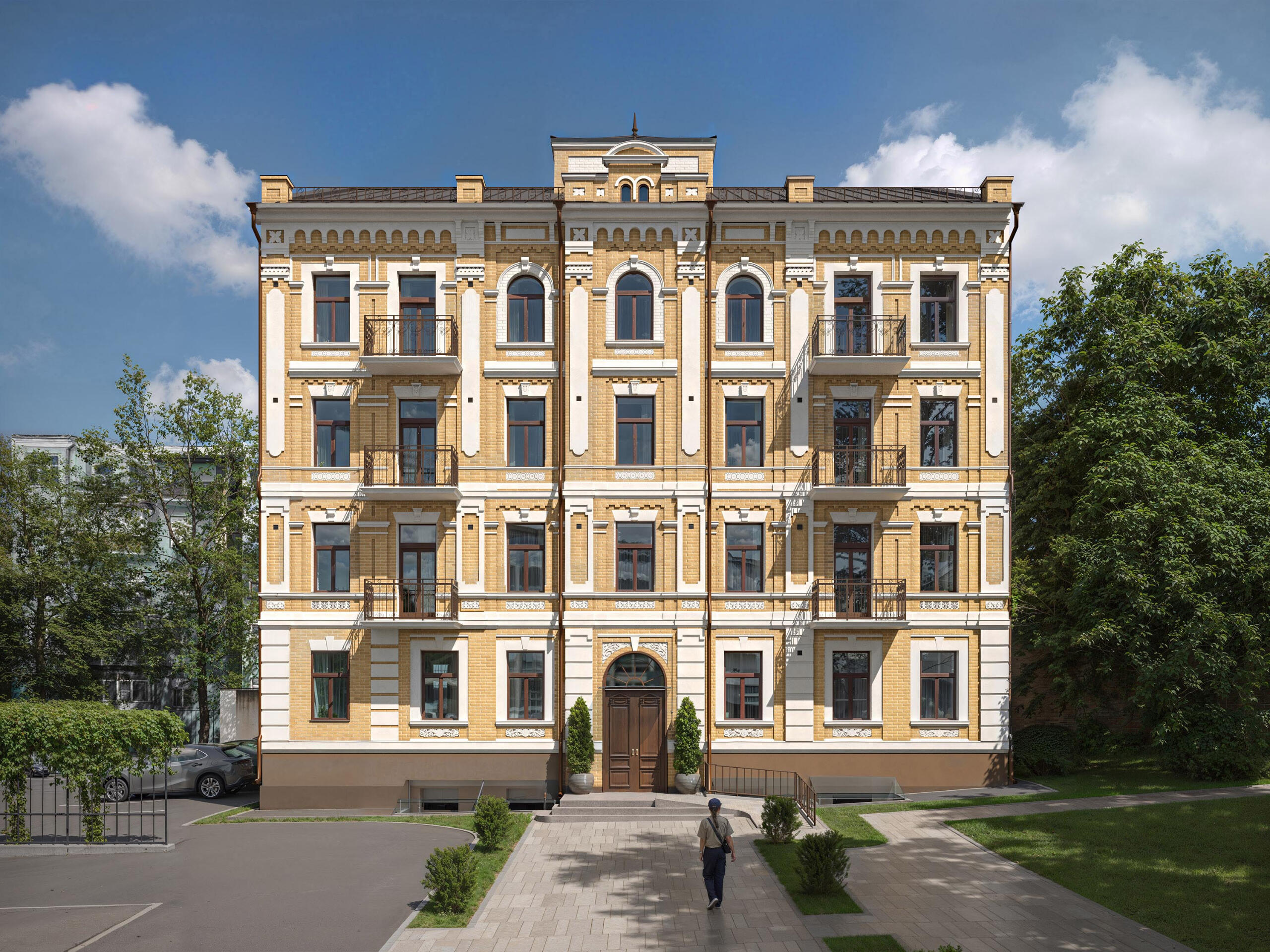 classic-yellow-facade-building-render Детальна 3D-візуалізація відреставрованого класичного жовтого фасаду будівлі. Київ