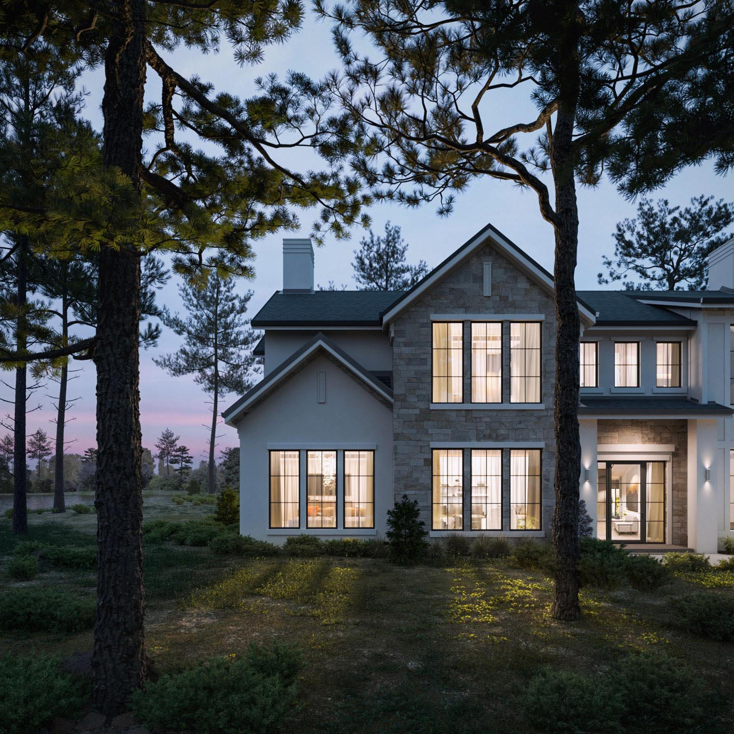 Country Style Residence – 3D Render Високоякісна 3D візуалізація сучасного заміського будинку з каменю та дерева, розташованого на схилі пагорба. Фотореалістична візуалізація заходу сонця