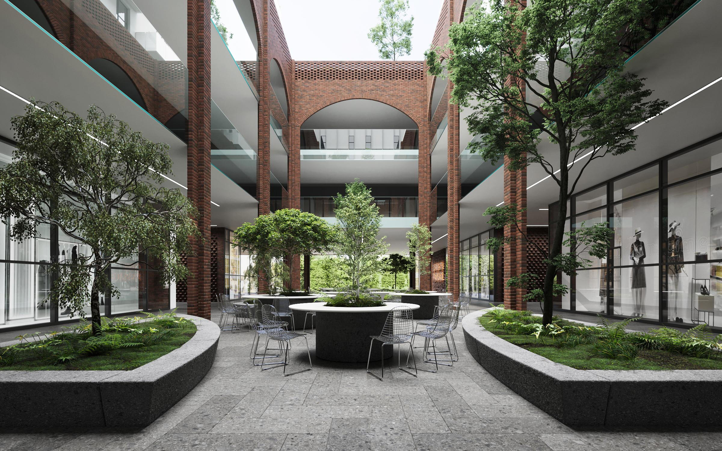 Shopping Center Courtyard – 3D Render Високоякісна 3D візуалізація внутрішнього двору торгового центру з цегляною архітектурою та зеленню