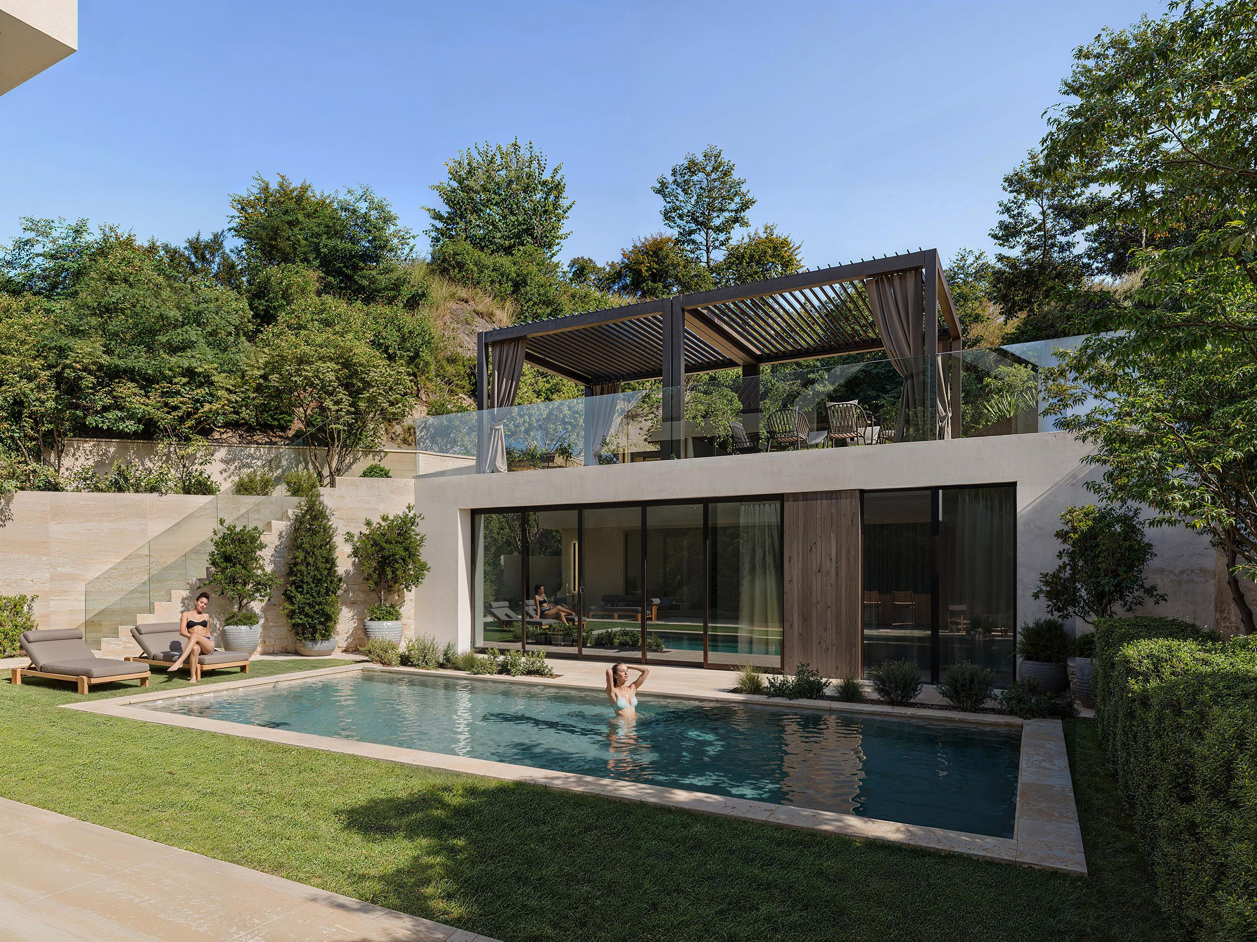 Розкішна вілла з басейном і дерев'яною альтанкою в ландшафтному саду. Записуйся на курс 3д візуалізації.