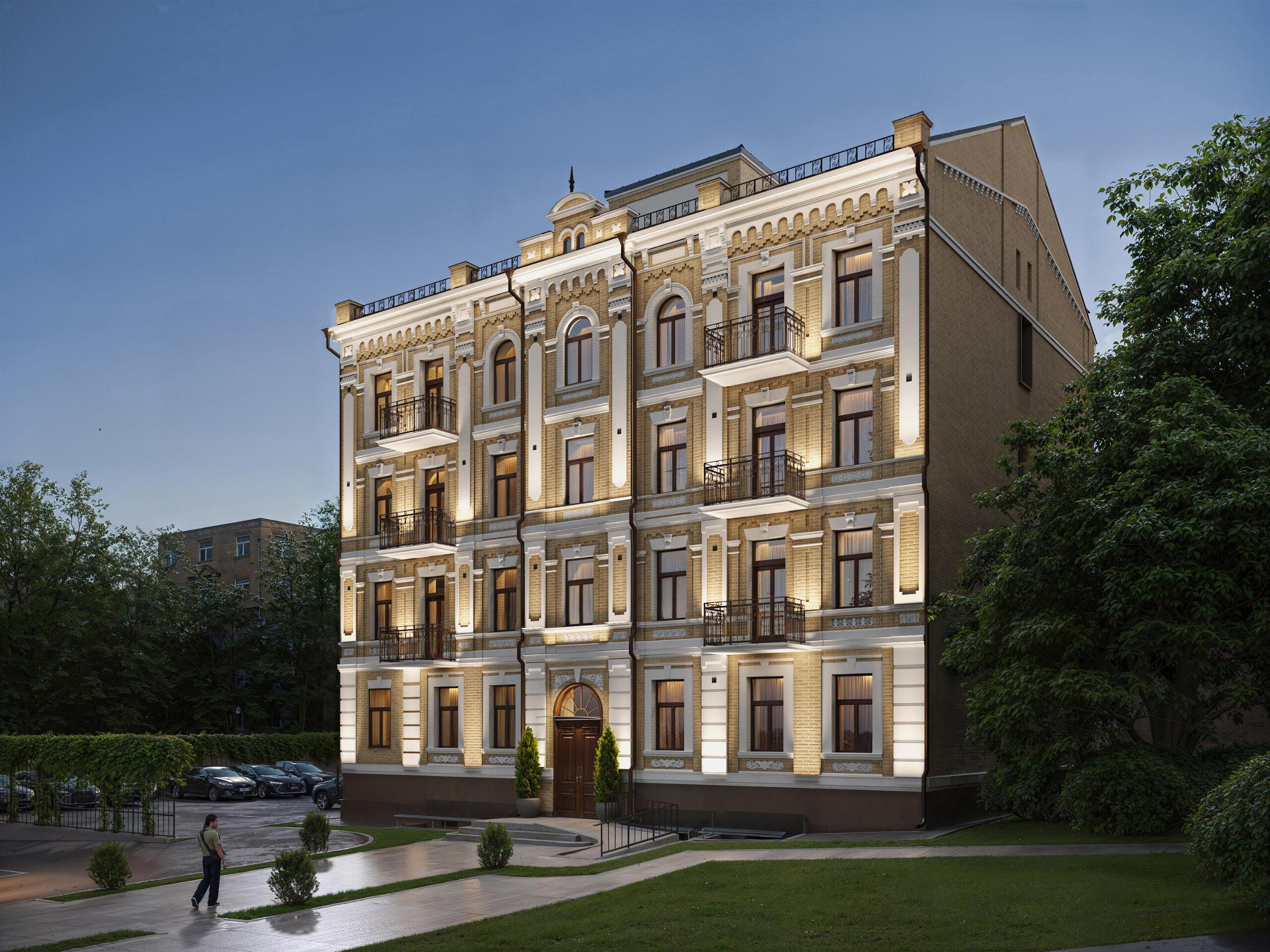 restored-historical-building-render Відреставрований історичний фасад будівлі з класичними архітектурними елементами - нічний вид Високоякісний 3D-рендеринг