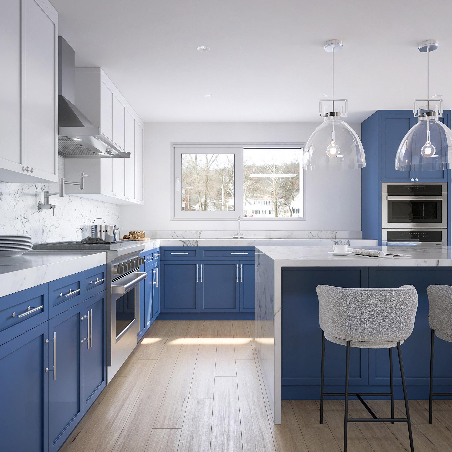 bright-modern-kitchen-blue-cabinets Світлий інтер'єр кухні з блакитними шафами, підвісними світильниками та острівною барною стійкою