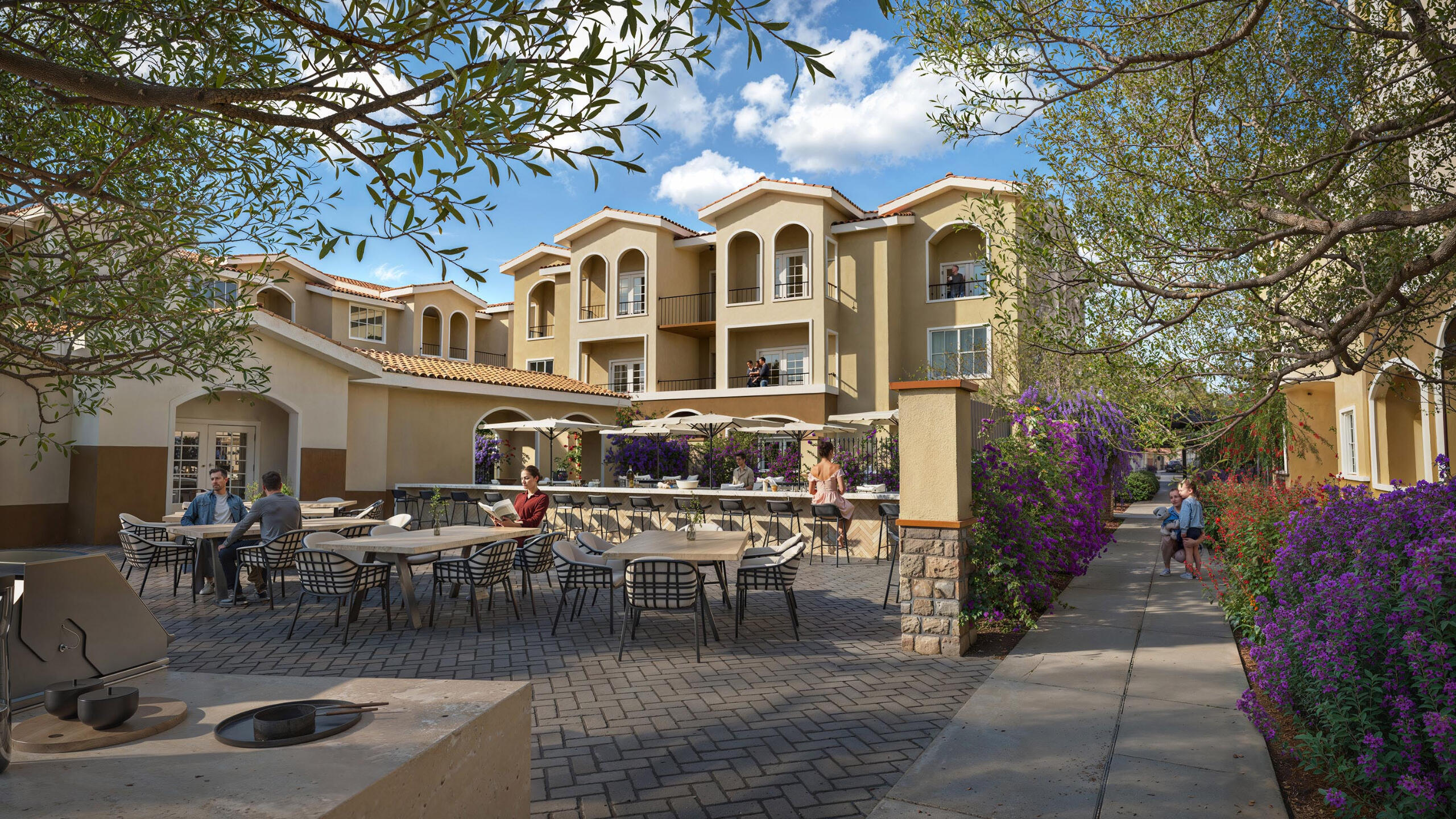 Дворове кафе в житловому комплексі в середземноморському стилі - денний рендер