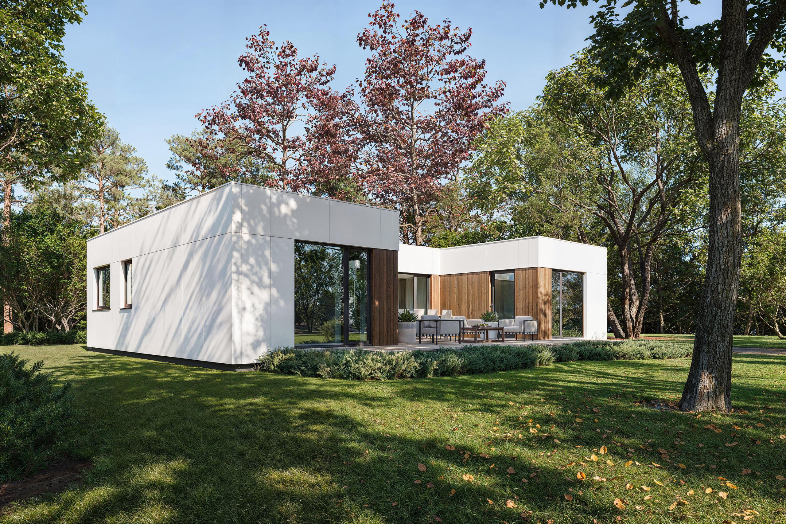 White modern modular house White one-storey modern modular house surrounded by a green garden - 3D visualization