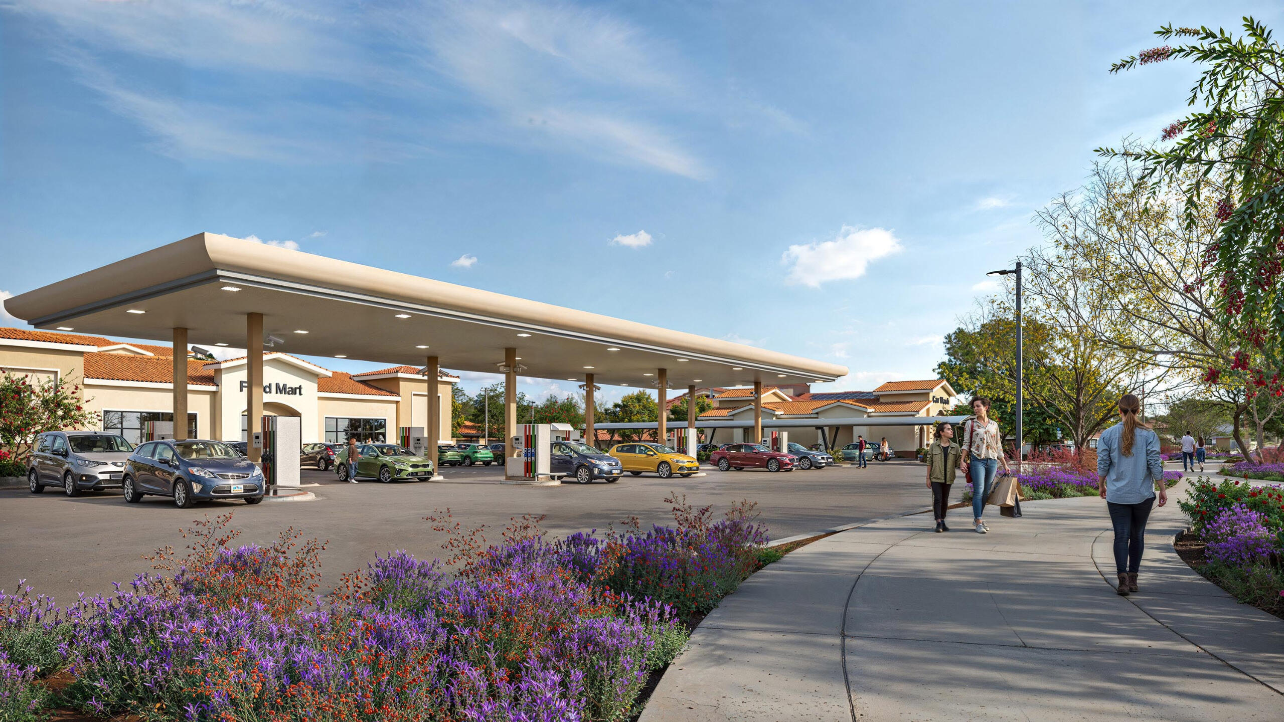 modern-gas-station-design-render Architectural visualization of a modern gas station with landscaped walkway