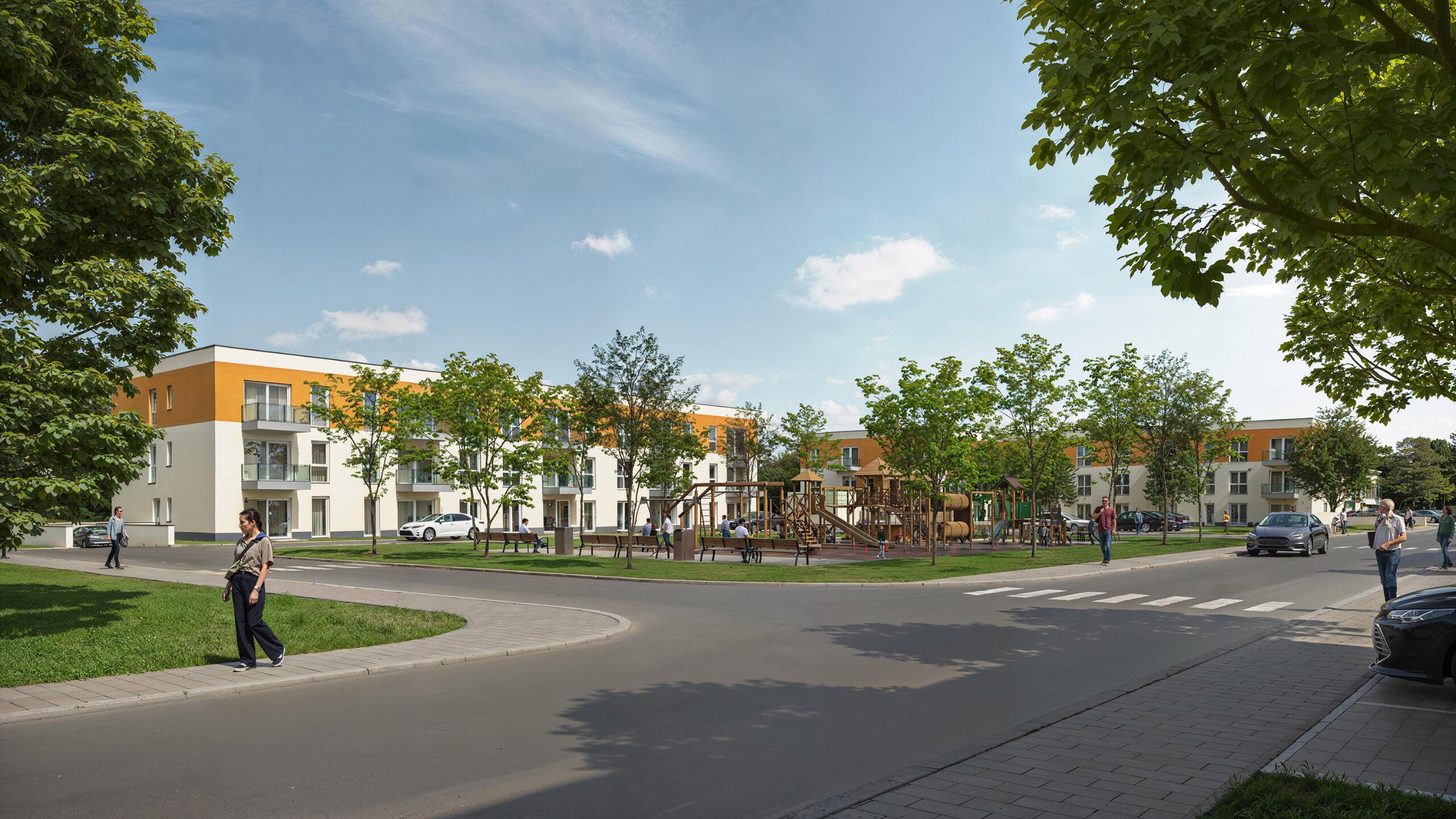 Render of a residential area with roundabout and low-rise buildings