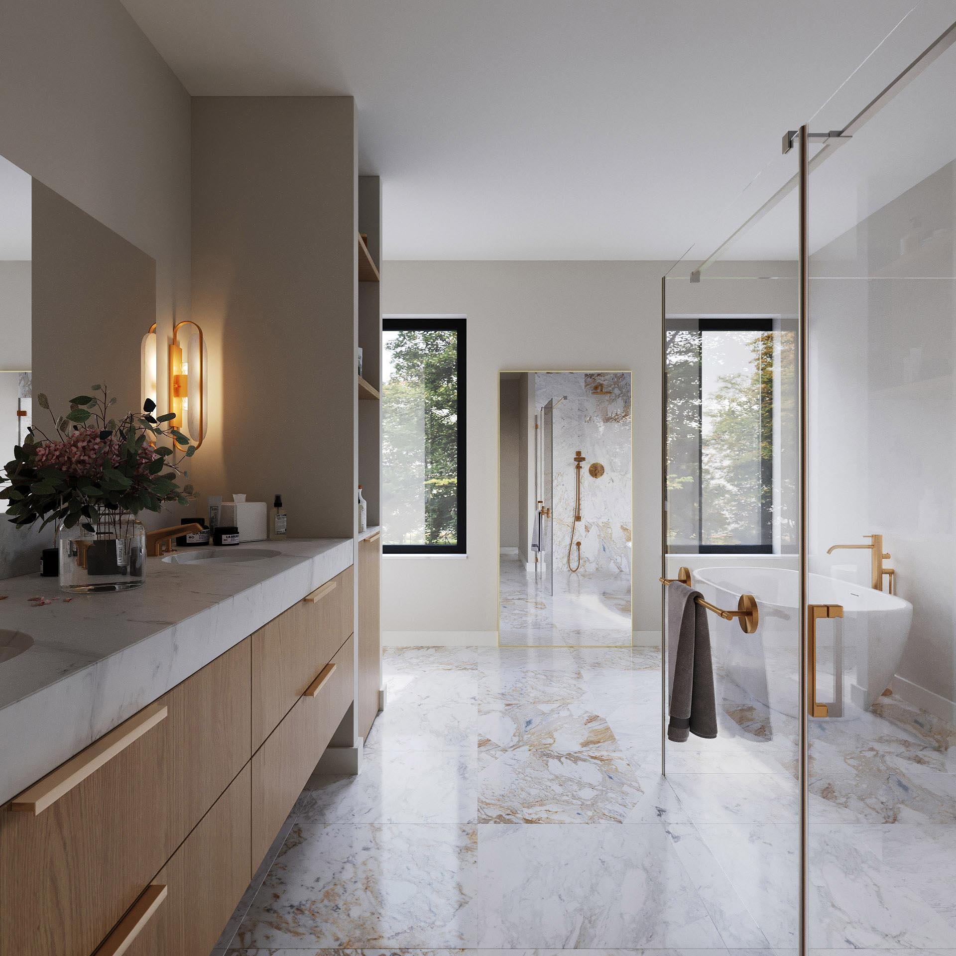 Photorealistic rendering of a bathroom design Photorealistic modern bathroom rendering with white marble, black fixtures, and natural light.