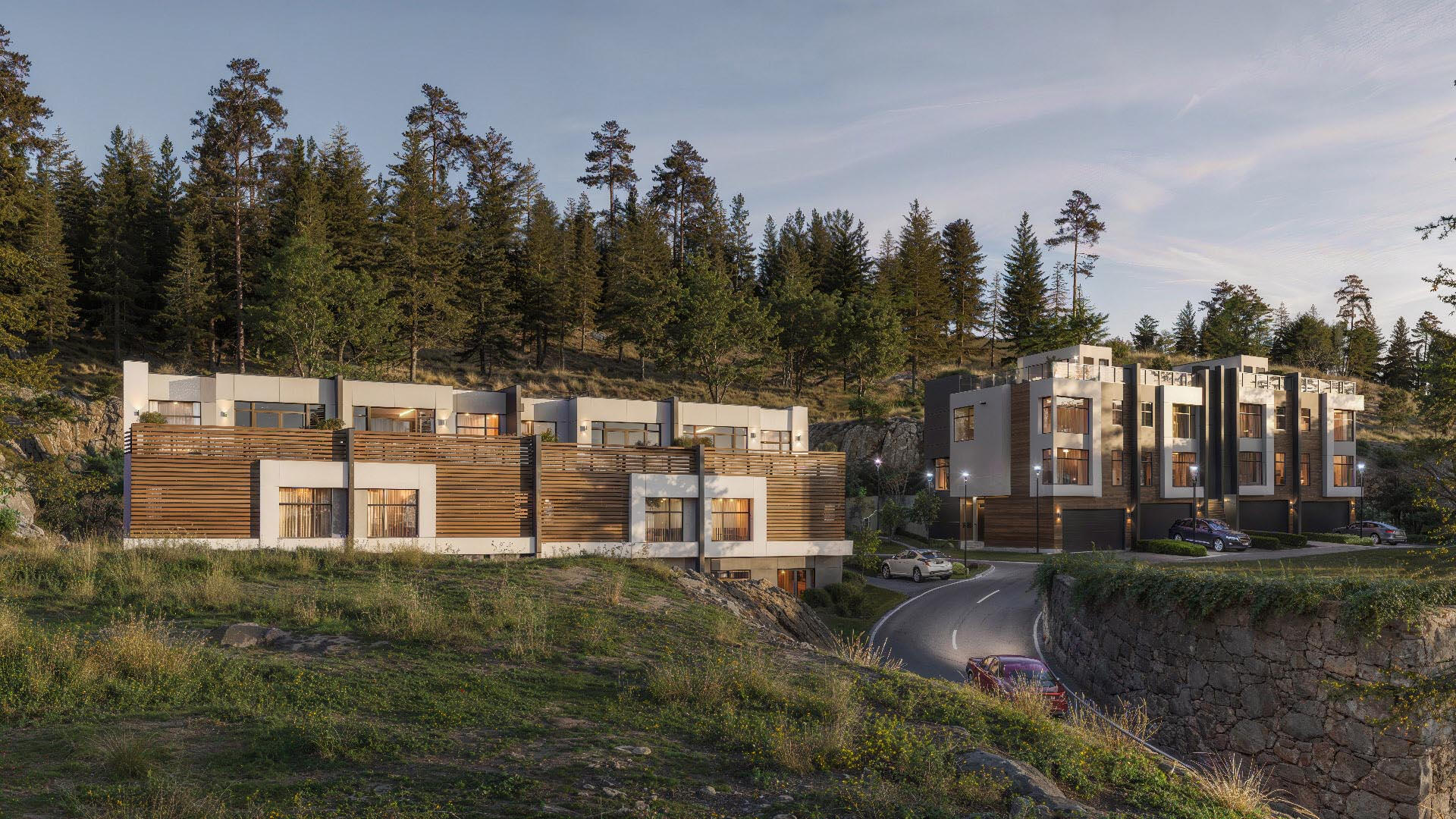 modern-hillside-townhouses-architectural-render Architectural render of modern hillside townhouses with natural landscape Real Estate Renderings