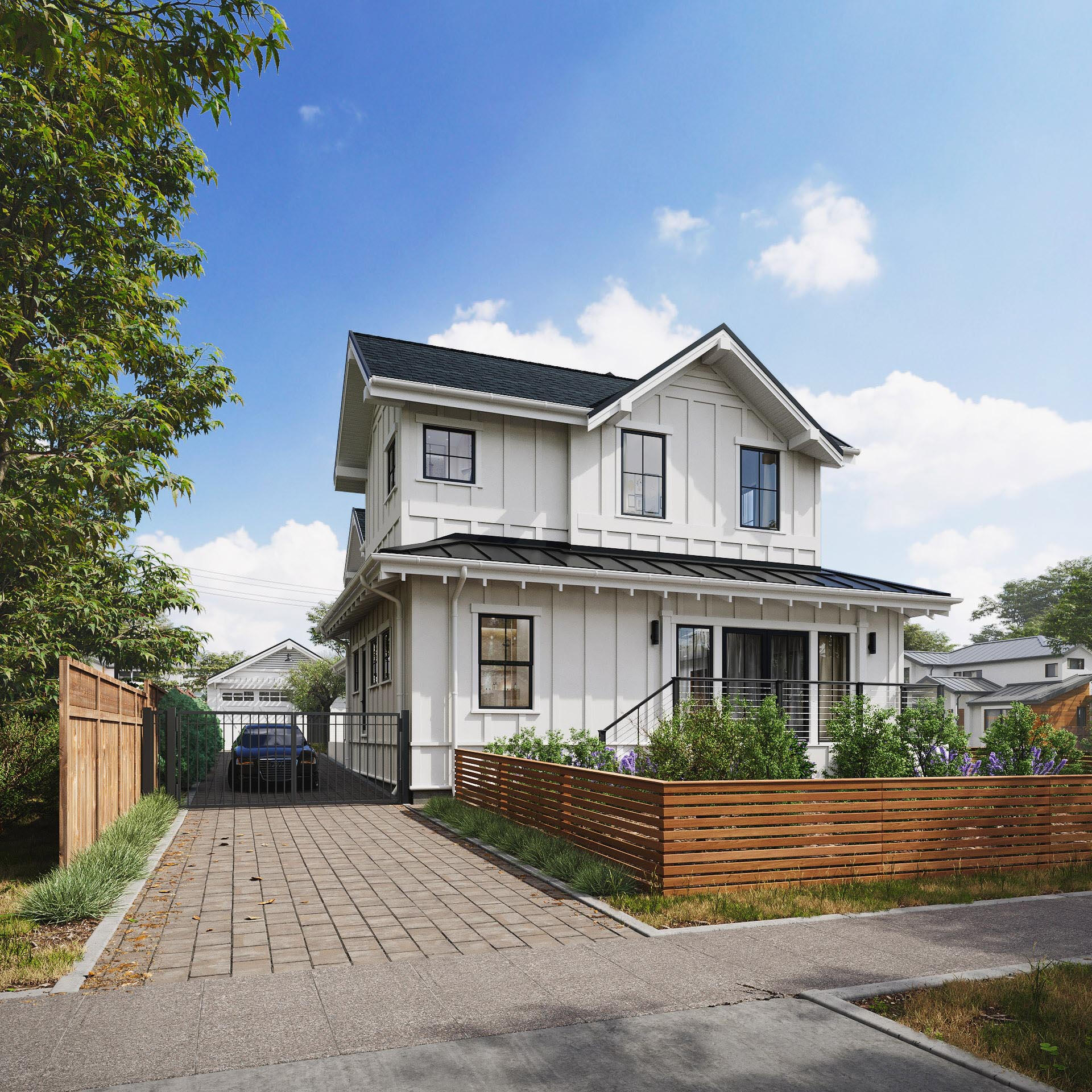 3D visualization of a classic one-story American house with white facade Real Estate Renderings