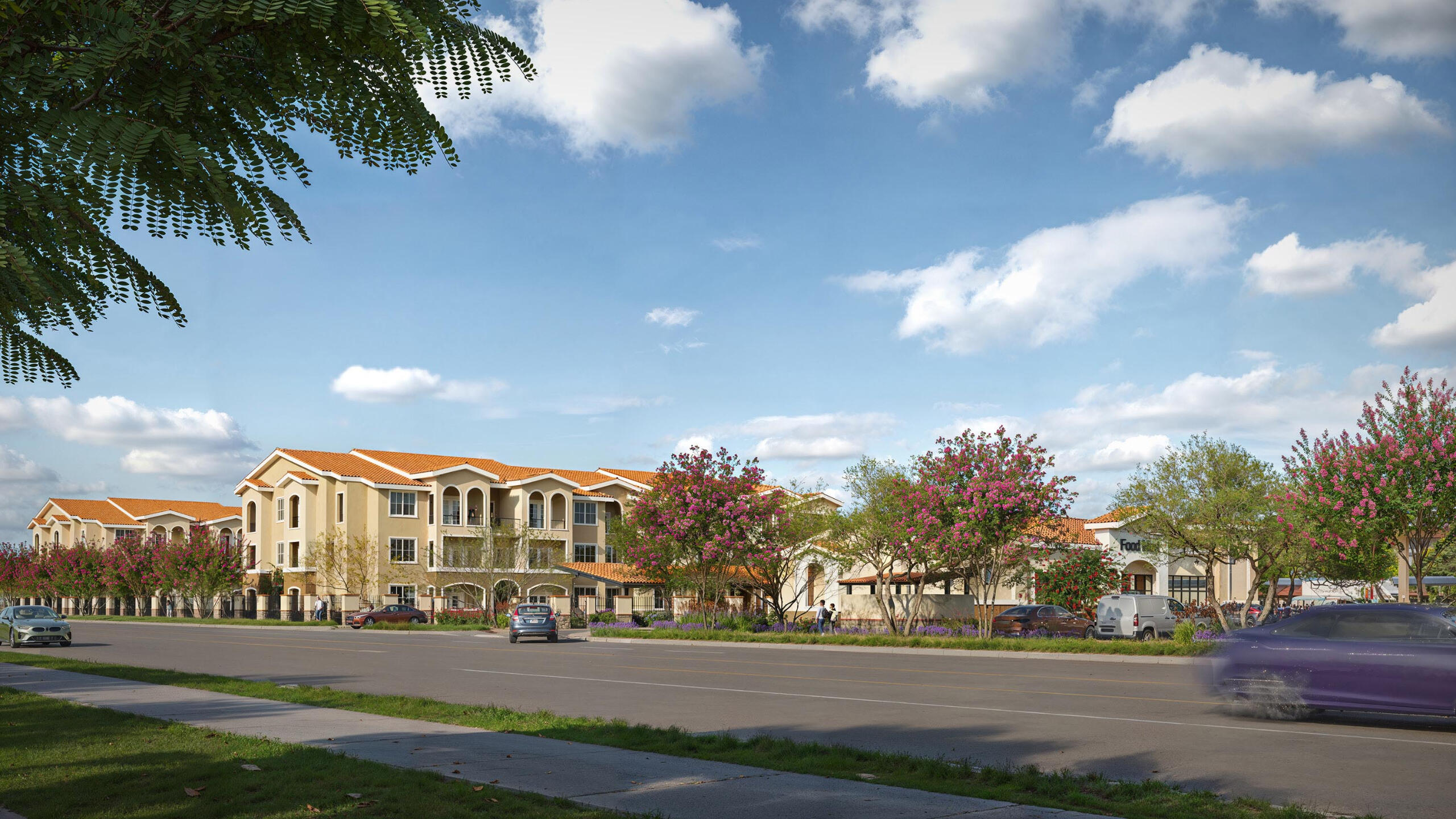 High quality photorealistic rendering of a residential development with multi-story buildings and landscaped streets – architectural visualization.