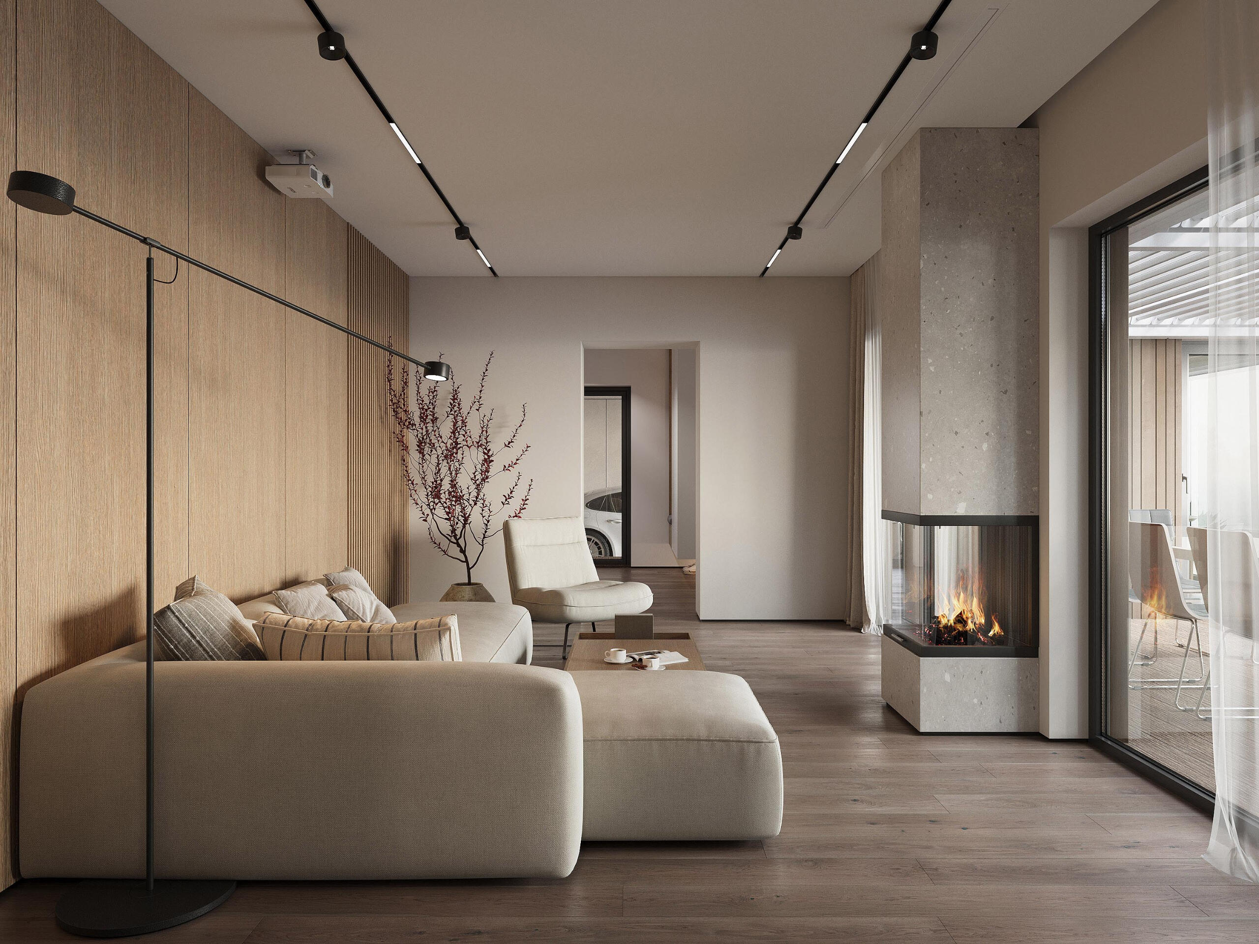 neutral-modern-living-room-interior Minimalist living room with neutral palette and fireplace – interior render