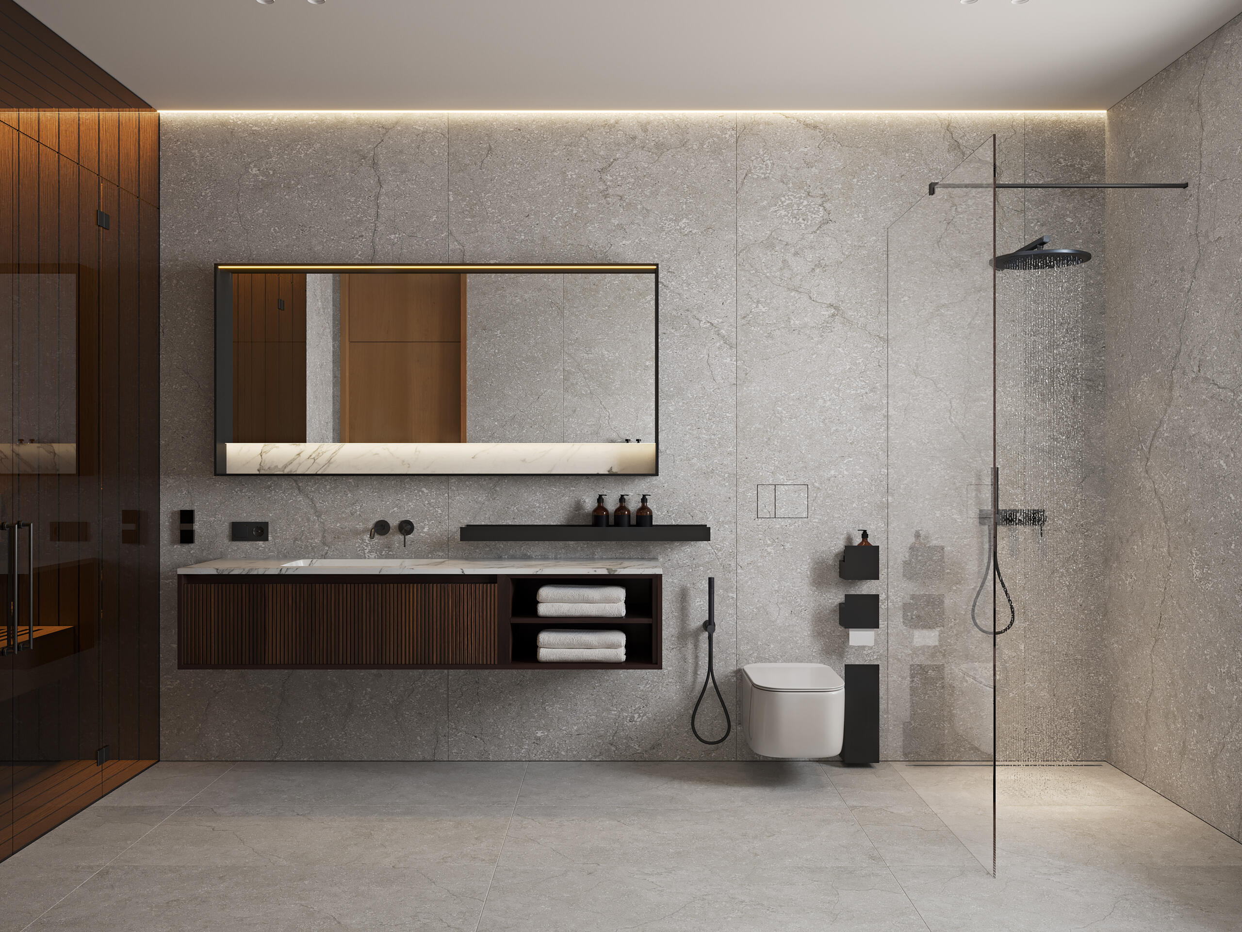 Modern minimalist European-style bathroom with sauna, shower and large mirror