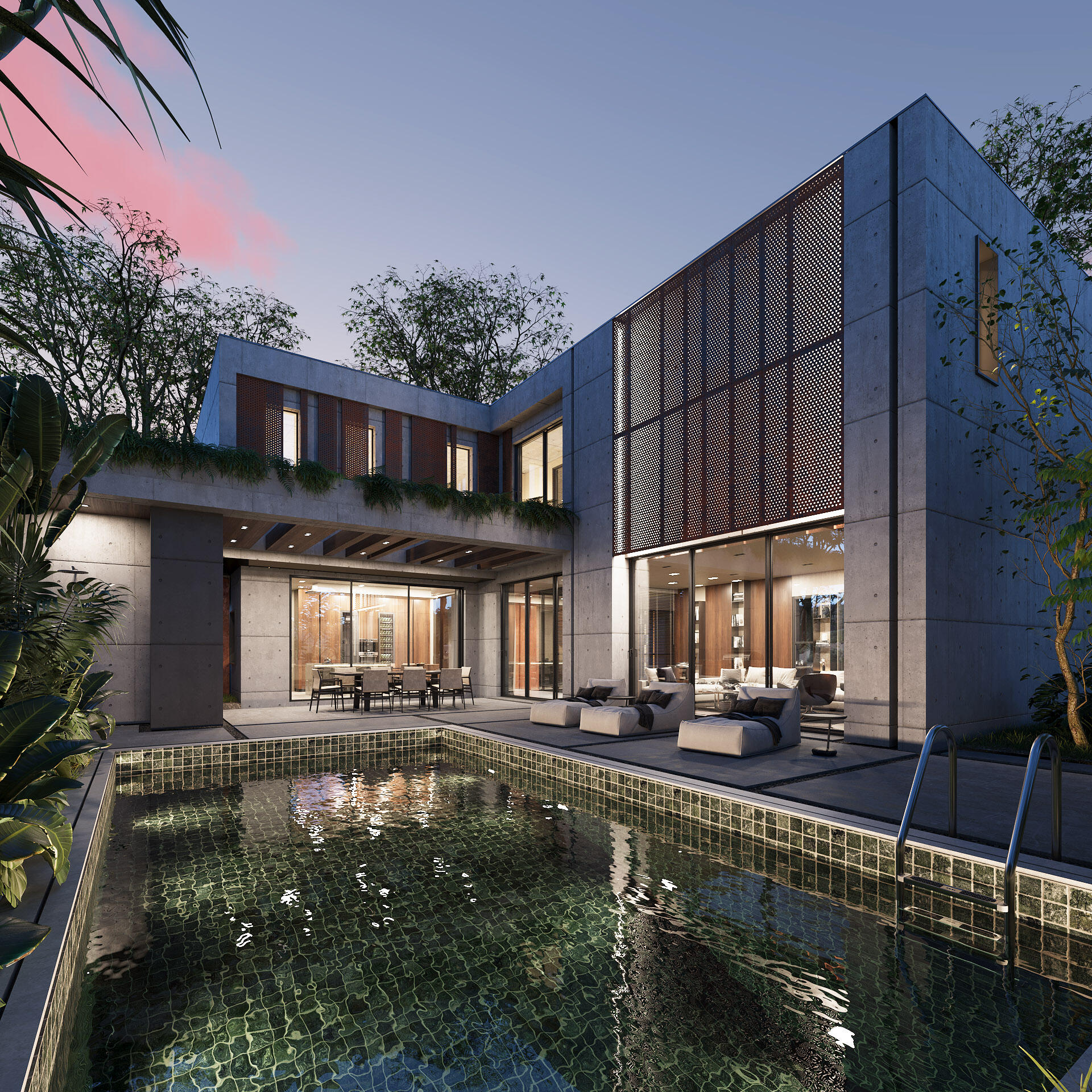 Modern concrete villa with wood paneling and a reflection pool 3D render