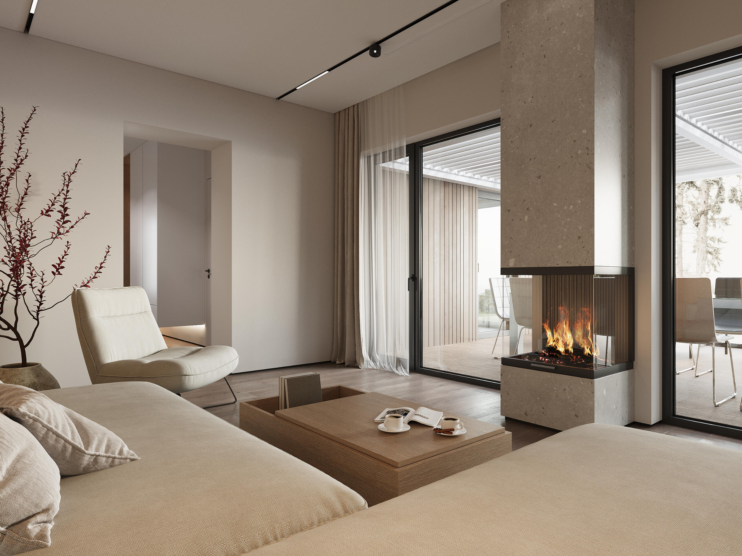 Photorealistic rendering of a stylish contemporary living room with a fireplace, showcasing warm tones and comfortable furnishings