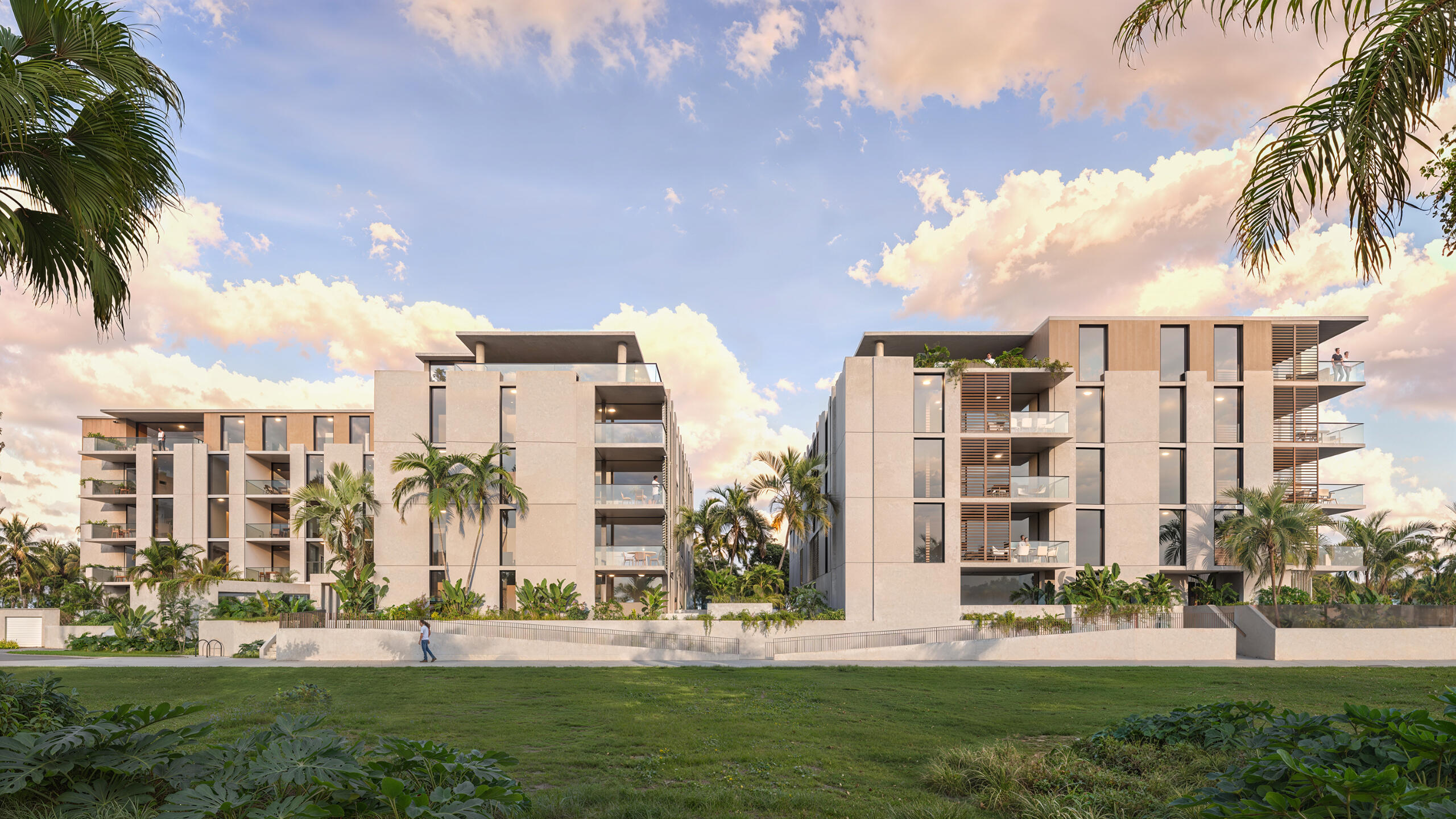 Tropical apartment complex with palm trees and sunset sky – 3D visualization High End
