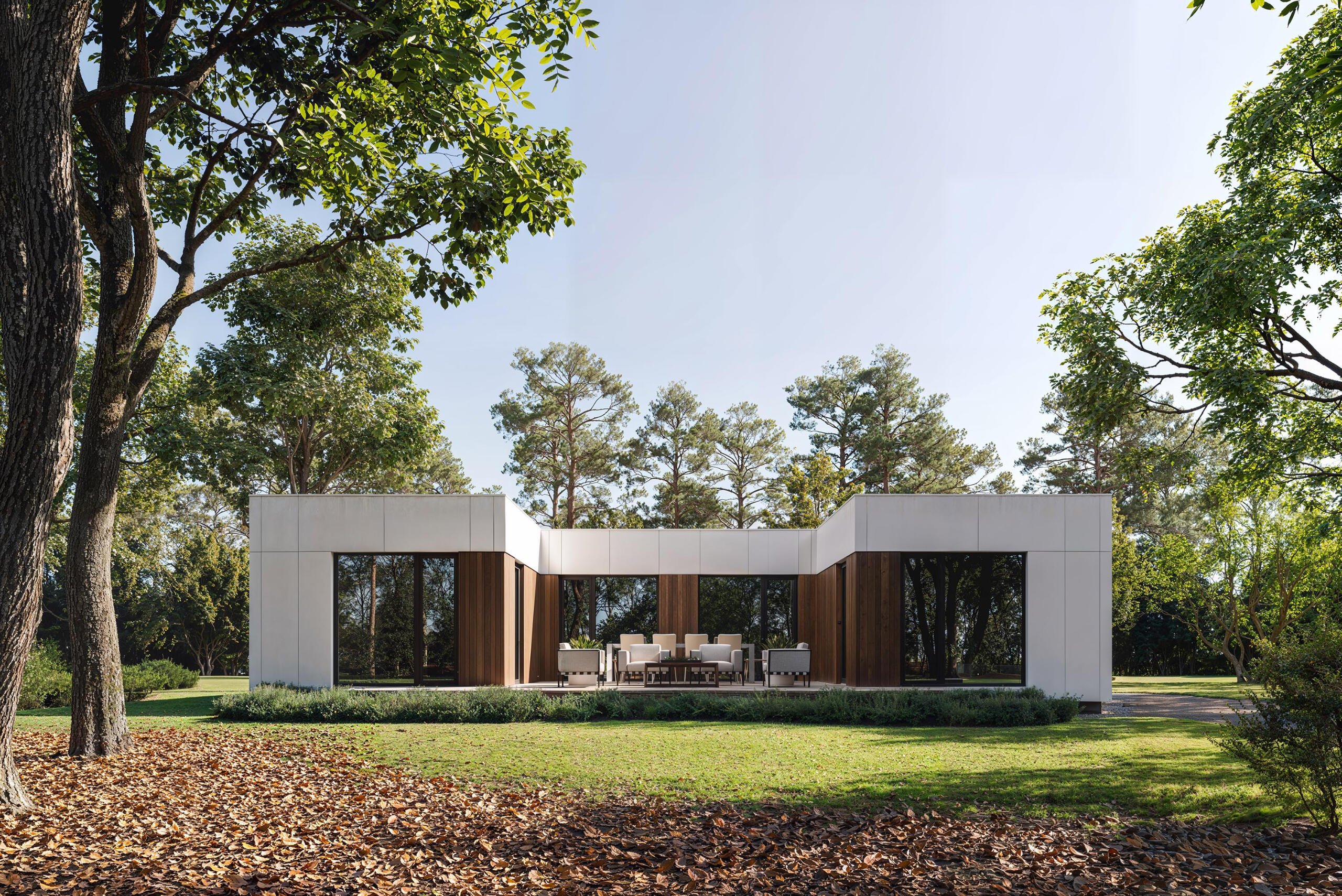 Minimalist one-storey house in forest setting – 3D architectural render