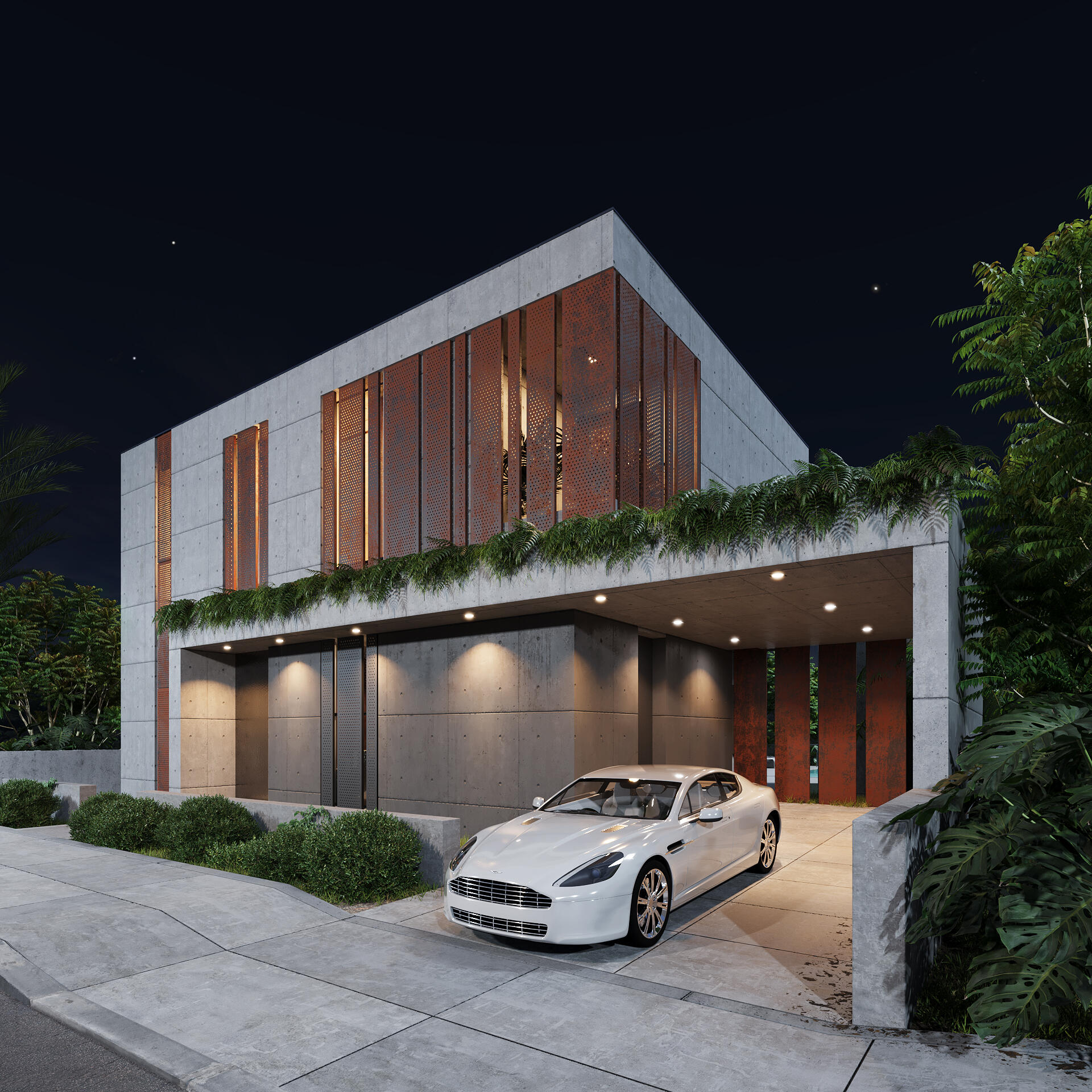 Modern metal facade concrete home with integrated garage and lighting – nighttime view