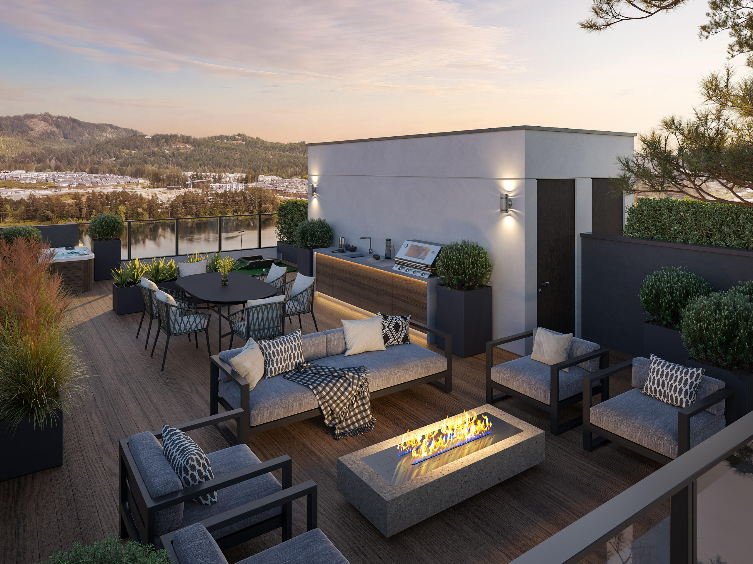 rooftop-terrace-firepit-modern-exterior Modern rooftop terrace with fire pit, seating area and scenic city view
