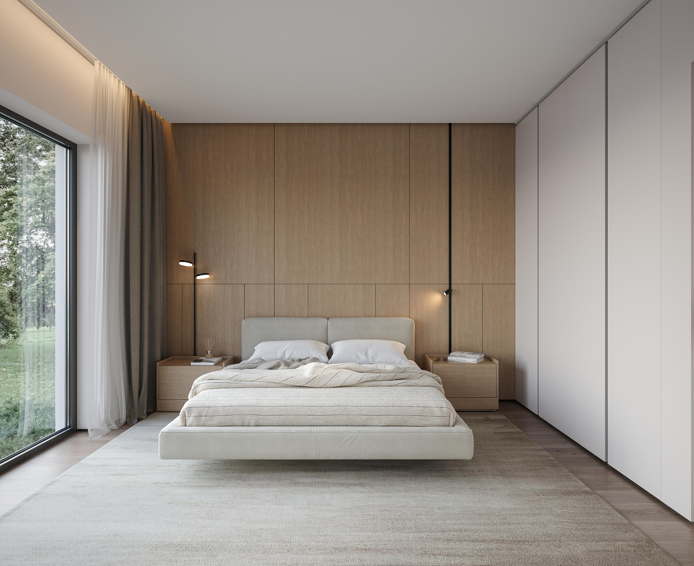 3D visualization of a cozy bedroom for modulehouse.ua Photorealistic rendering of a minimalist master bedroom featuring a floating bed, light wood paneling, and large windows. High quality interior visualization.